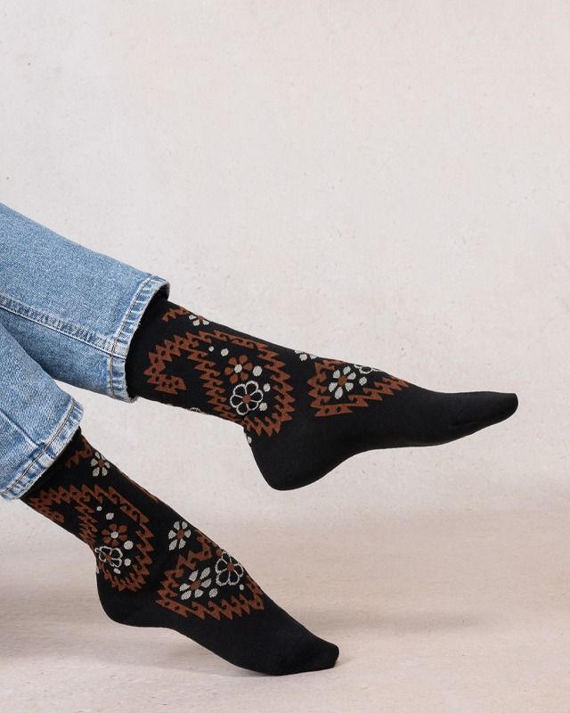 CHAUSSETTES LAINE FINE FLEURS CACHEMIRE